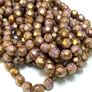 6mm Fire Polish Beads (25) Pink with a Gold Picasso Wash