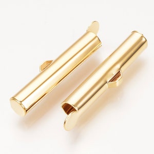 2 SETS (4pieces) Slide On End Clasp Tubes Lighter Gold Plated Size: about 4mm wide 30mm long Craft supplies