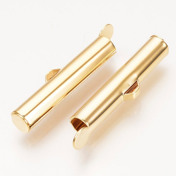 2 SETS (4pieces) Slide On End Clasp Tubes Gold Plated Size: about 4mm wide 25mm long Craft supplies