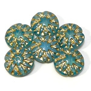 Dahlia en verre tchèque 14 mm (6 perles) bleu ciel avec effet doré