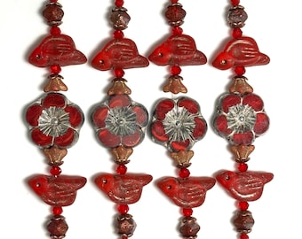 NEW! Imagination Inspiration Collections - Czech Glass Bead Strands. Ruby Birds and Hibiscus Mix