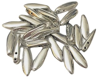 16x5mm Dagger Beads 25pieces Silver 2 Hole Side Drilled Czech Glass Dagger Beads