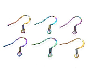 Rainbow Plated 304 Stainless Steel Earring Hooks, 10 Pairs, 16.5mm long, 17~18mm wide, hole: 2mm