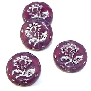 18mm Czech Glass Daisy Coin Beads (4) Focal Beads Rose with a Silver Wash