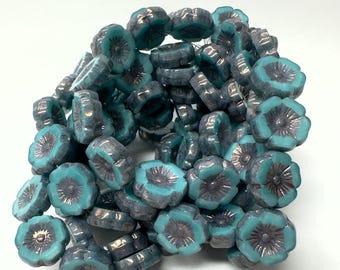 12mm Hibiscus Flower Turquoise Silk (6 beads) Czech glass beads