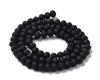 3 x 4mm, Faceted Frosted Black Glass Rondelles, .8-1mm hole, about 105-110pcs strand, 39cm.