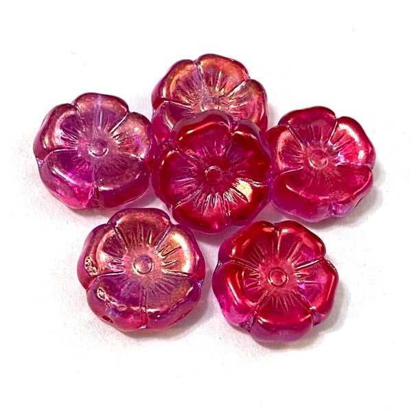 Perles de créateurs tchèques. Fleur d'hibiscus fuchsia 12 mm avec finition métallique (6 perles) Perles de verre tchèques