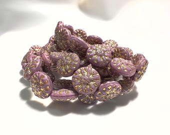 14mm Czech Glass Gold Washed Purple/Pink Opal Dahlia (6 beads) Pressed Glass Flower