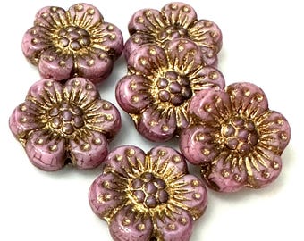 Czech Glass Beads. 14mm Wild Rose Pink Opaque with a Bronze Finish(6)