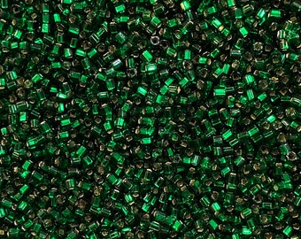 10 grams 1.5mm Square Toho Cube Beads TC36 Emerald Green Silver Lined