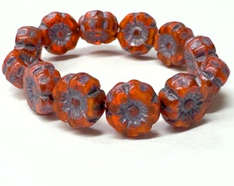 12mm Hibiscus Flower Burnt Orange (6 beads) Czech glass beads