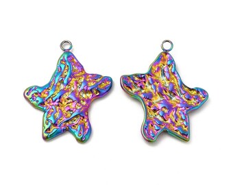 Boho Starfish Charms/Pendants (2) Stainless Steel, Rainbow Ion Plated, 21mm wide, 26mm long, 2mm thick, hole: 1.8mm