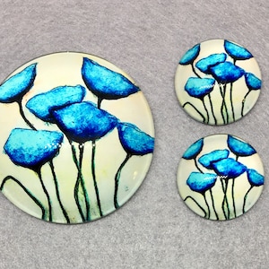 Blue Flower Cabochon Set. 1-40mm Round Cabochon + 2- 18mm Cabochons