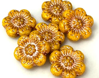 Czech Glass Beads. 14mm Wild Rose, Dandelion Yellow Opaque with a Copper Finish(6)