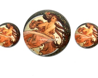 Alphonse Mucha Glass Cabochon Set Dance Lady set #1. 1(30mm) 2(16mm) pieces