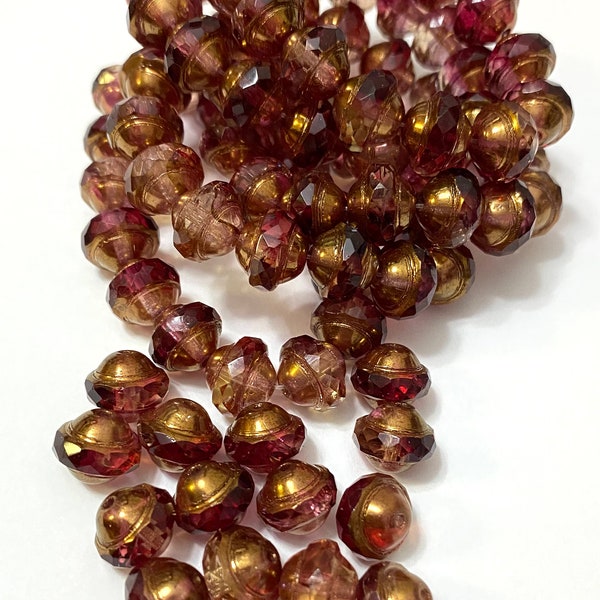 Czech Designer Beads (6) 8x10mm Saturn Crimson and Pale Yellow with a Bronze Finish