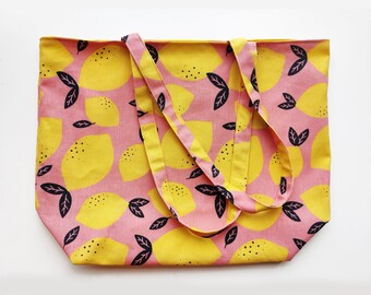 Canvas Lemon Tote Bag with Key Pocket - Novelty Tote, Printed Tote Bag, Canvas Bag