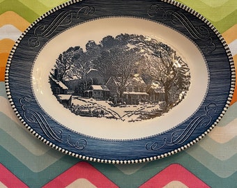 Vintage Currier & Ives 13&quot; Blue Serving Platter ~ Royal USA ~ Very Nice!