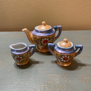 Vintage Lusterware Child&#39;s Tea Set ~ Hand Painted Made in Japan ~ Blue & Orange Floral Pattern