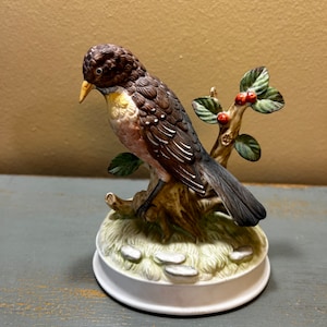 Beautiful Male Robin Figurine / Music Box ~ Fine Porcelain Robin Sitting on a Branch ~ Great Looking!
