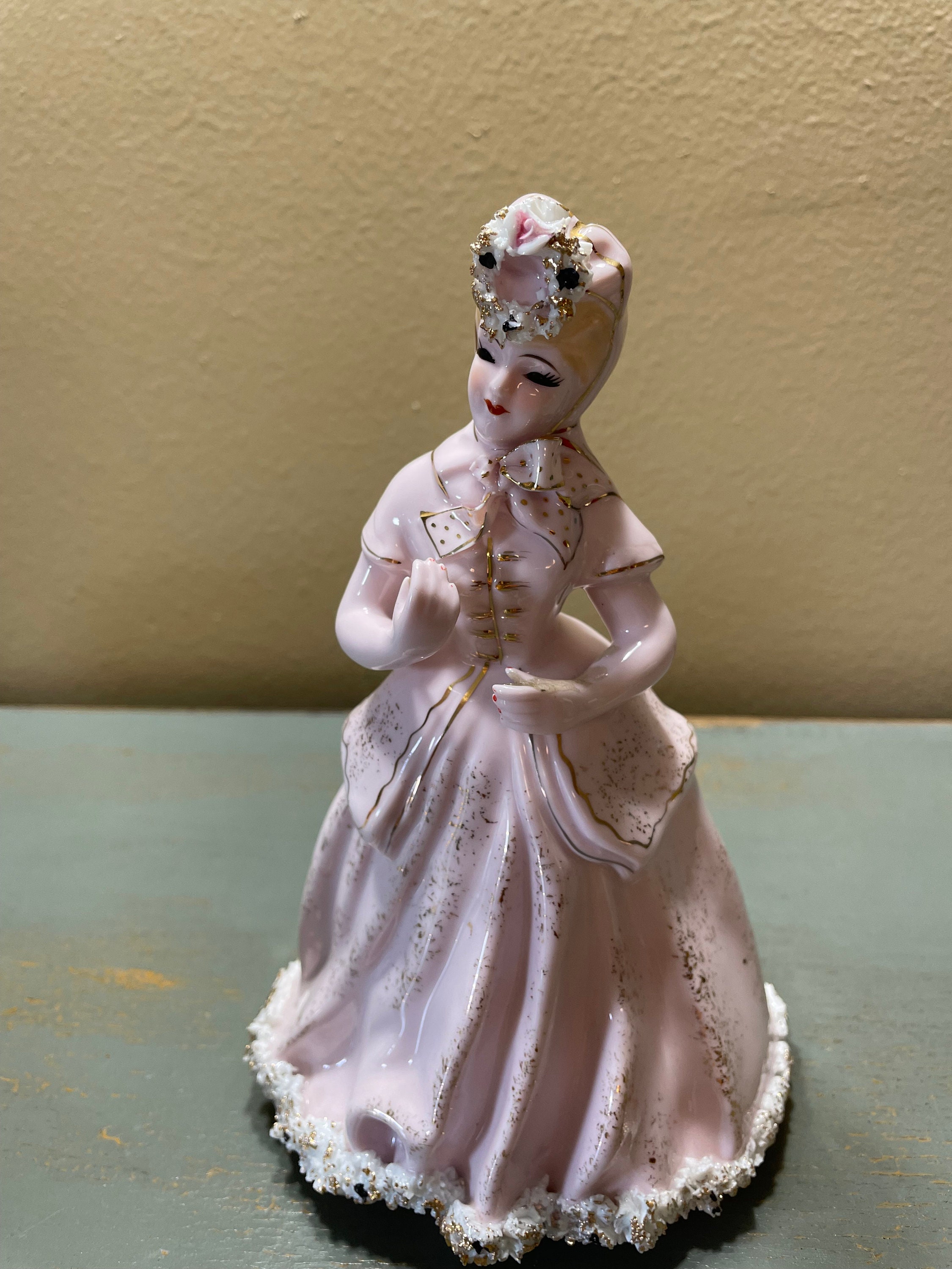 Vintage Lefton China Tall Victorian Lady ~ Pink Dress With Glass