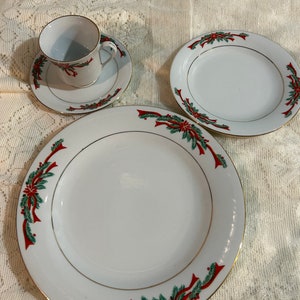 Lovely Retired Poinsettia & Ribbon Christmas China by FAIRFIELD / Tienshan China~ Retired Place Set ~ Great Looking Holiday Addition