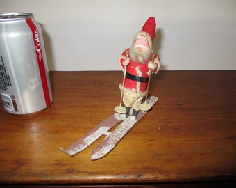 Rare Vintage Clay Face Santa Claus on Paper Skis & Mica Snow ~ Germany