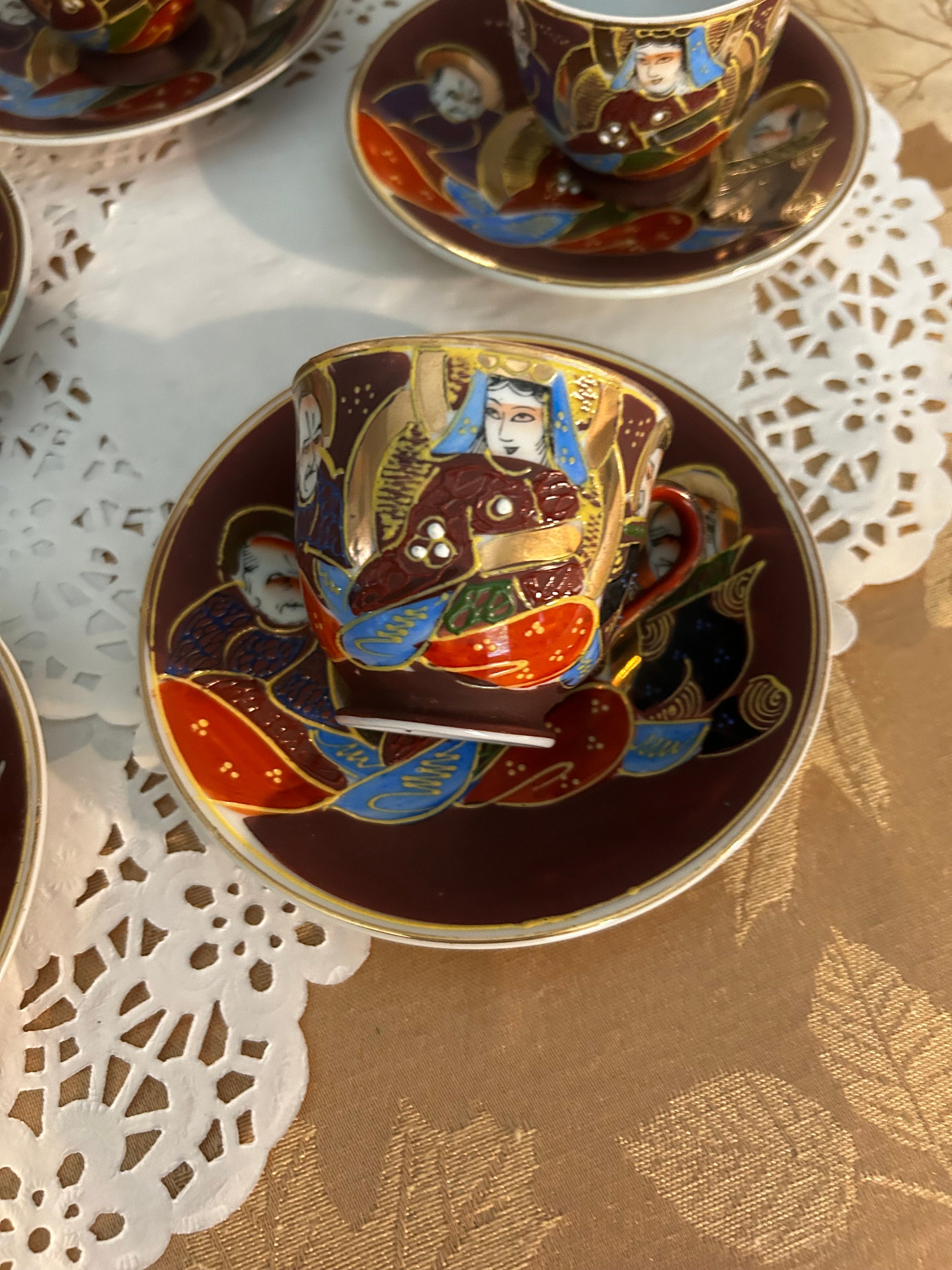 Vintage Hand Painted Satsuma Moriage Tea Cup and Saucer Set