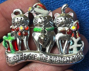 Charming Vintage Jewel Bedazzled Holiday Cat / Kitten Brooch / Pin ~ Silver-Tone Sleek Designer Look ~ Friends Are The Greatest Gift