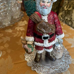 Vintage Hand Painted Santa Figure With a Tree & Toy Sack ~ Classic Ceramic Christmas Decoration