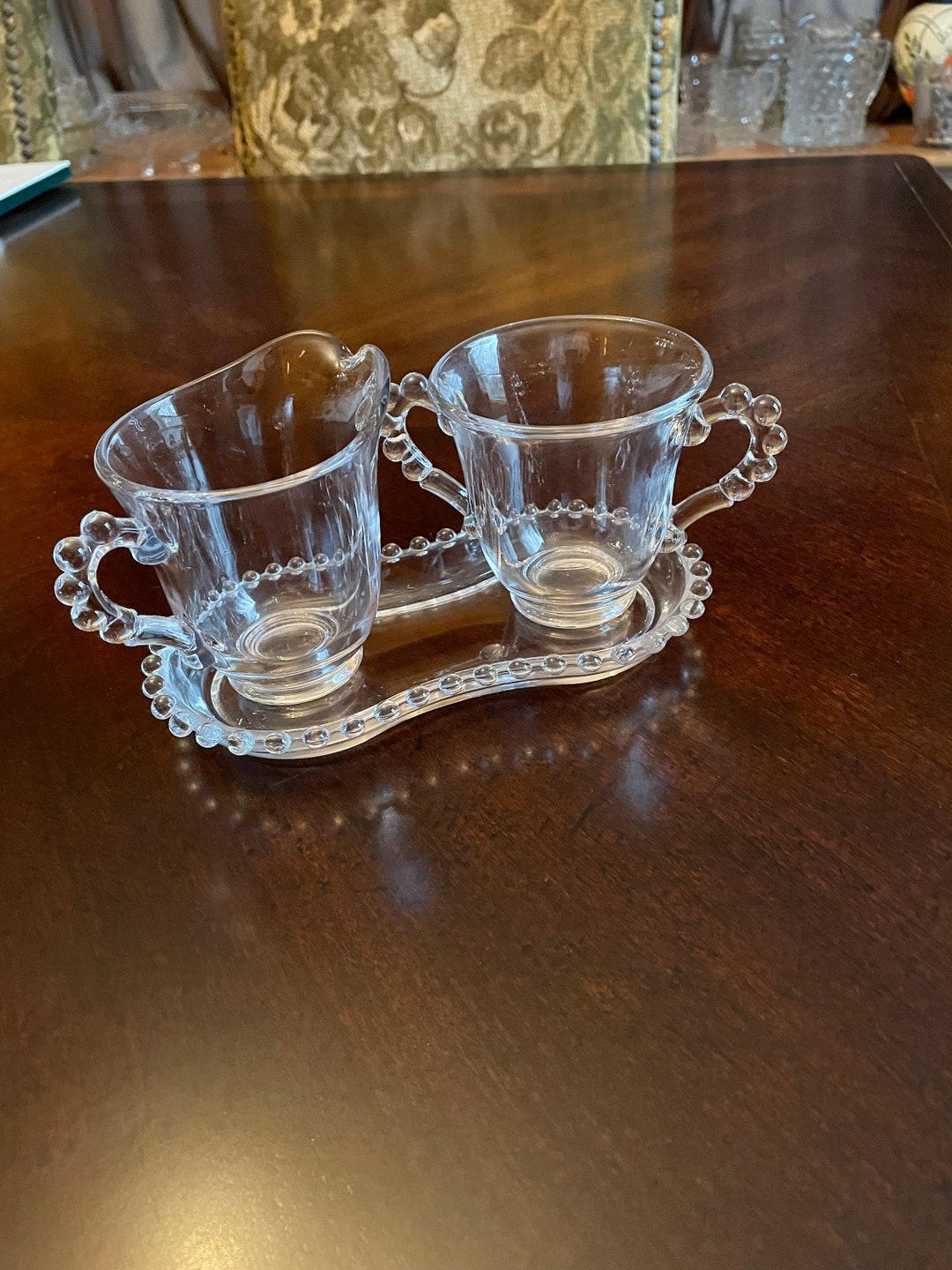 Vintage Imperial Glass Candlewick Cream and Sugar Set With Tray Lovely
