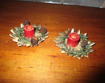 Rare Miniature Vintage Christmas Candleholder Set ~  Foil, Wood & Sm Pinecones  ~ Germany