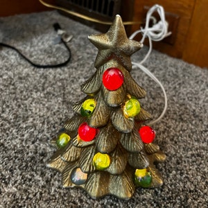 Nice Decorated Vintage Ceramic Christmas Tree ~ Classic Gold Tree With a Worn Antique Look ~ Hand Painted