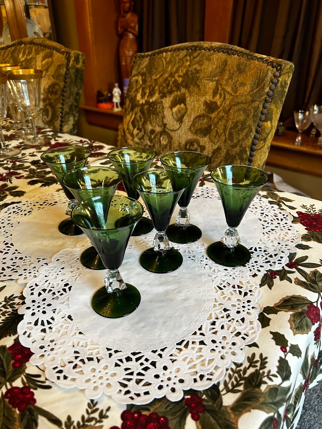 Nice Set of Fancy Holiday Green & Crystal Limoncello / Cordial Glasses