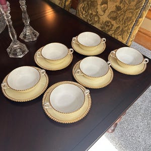 Lovely Set of 6 Antique Spode Cortland Bone China 2 Handled Soup Cups With Saucers ~ Goldsmith Made in England ~ Gold Trimmed Scroll Design