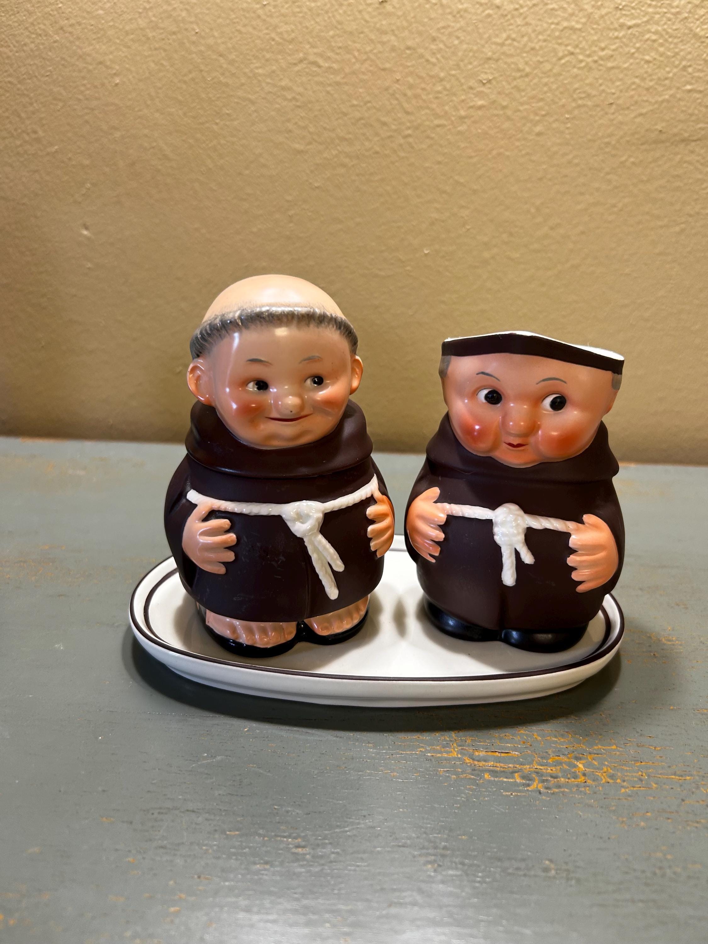 Charming Vintage Goebel Porcelain Monk Sugar & Creamer Set on Tray
