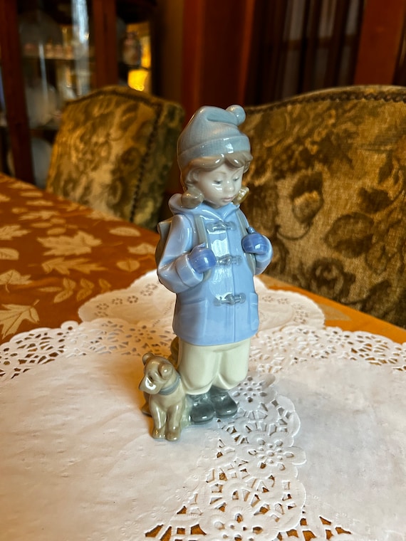 Adorable NAO by Lladro Girl With a Backpack & Her Dog ~ Porcelain