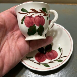 Può includere: Un piccolo set di tazza e piattino bianchi. La tazza e il piattino sono decorati con un disegno di frutta rossa, foglie verdi e steli marroni. Il bordo del piattino ha un sottile bordo rosa. La tazza ha un piccolo manico.