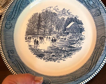 Vintage Currier & Ives 10" Blue Pie Baking Plate ~ Early Winter / Ice Skating ~ Royal China, USA
