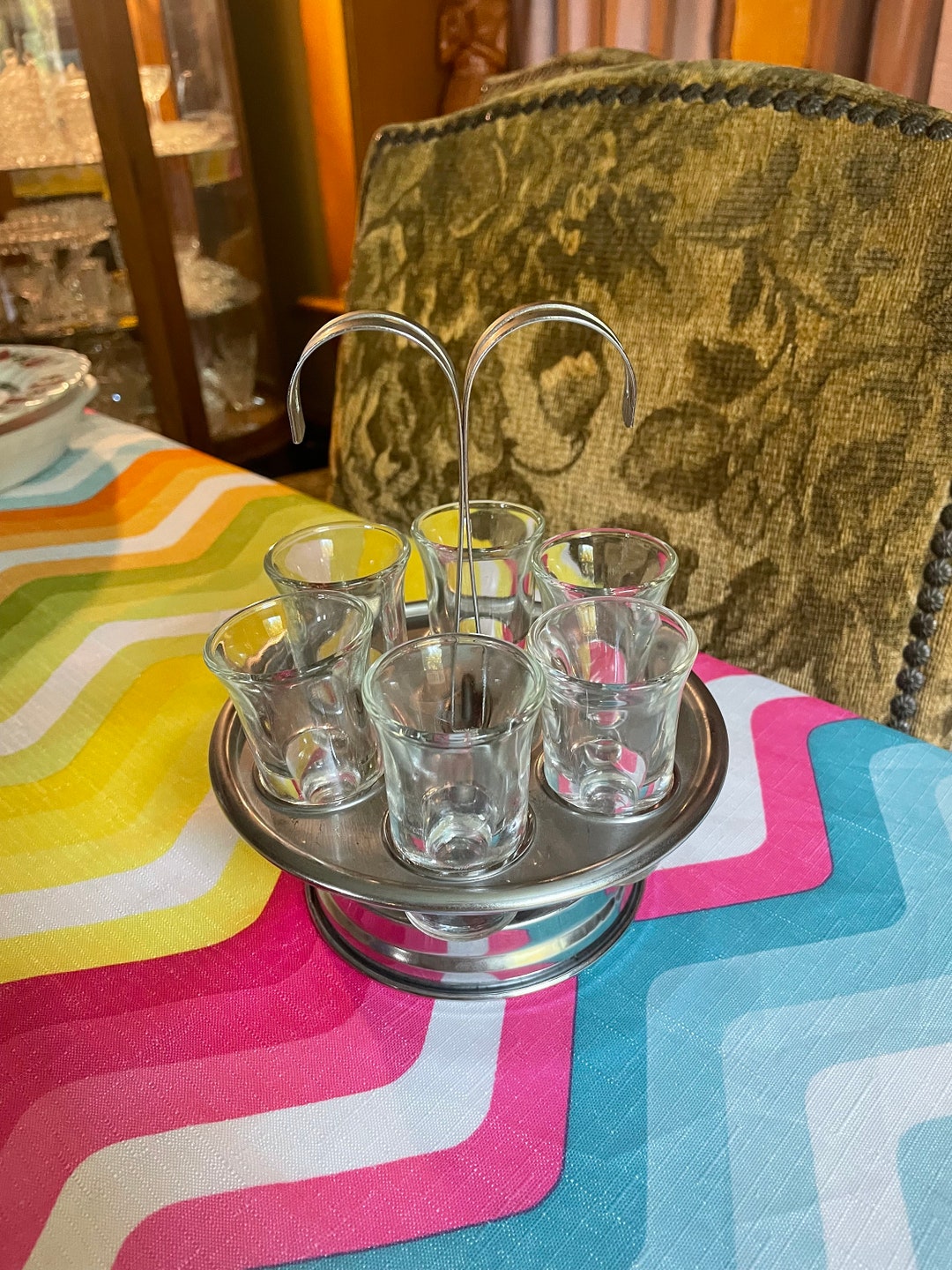 VTG Vintage Mid Century Modern Shot Glass Caddy / Bar Ware Chrome