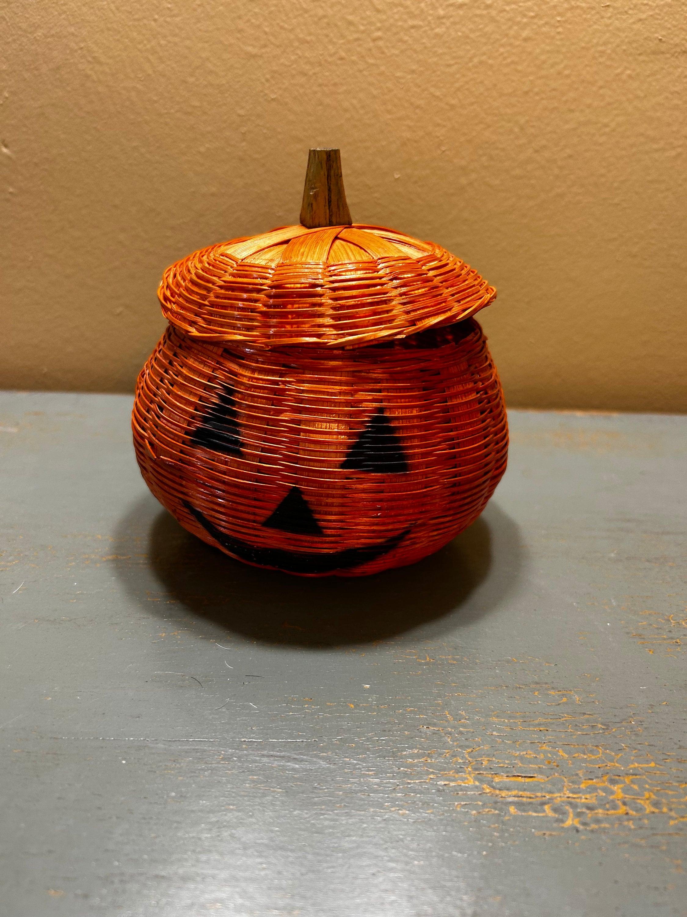 Small Vintage Hand Painted Wicker Pumpkin / Jack O Lantern