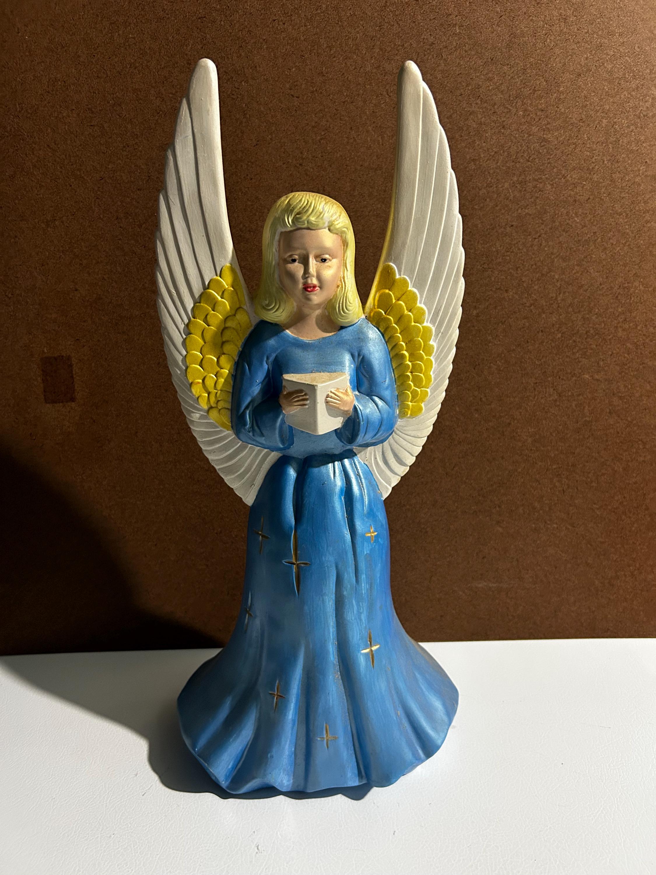 美しいヴィンテージの手描きの大きな青い陶器の天使〜クラシックな
