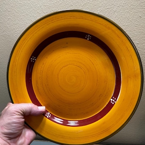 Puede incluir: Un plato redondo de cerámica amarilla con una banda roja oscura y detalles de puntos blancos. El plato tiene un borde marrón oscuro y está sostenido por una mano. El diseño del plato presenta círculos concéntricos.