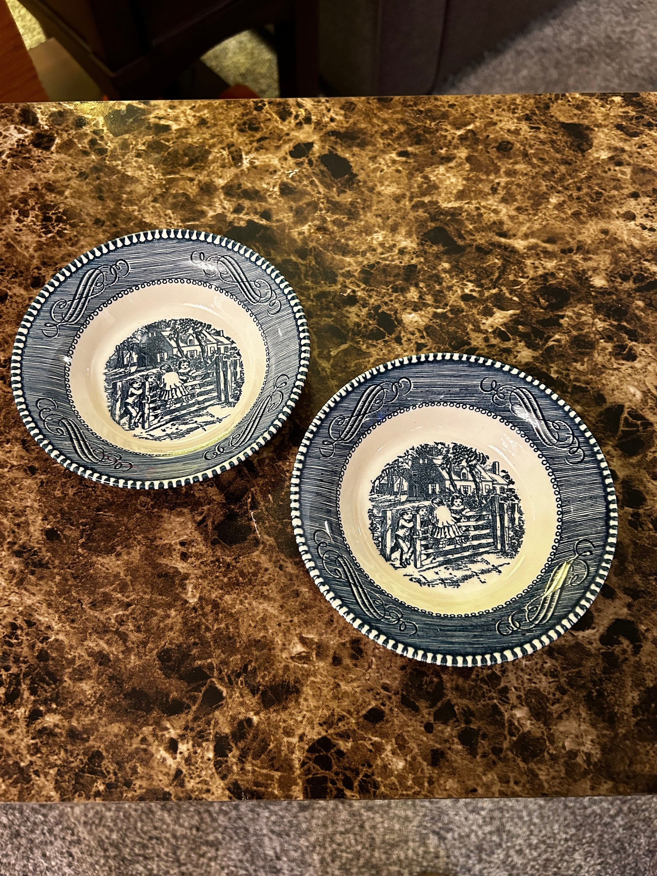 Lot of Two Vintage Currier And Ives Blue & White Small 5.5" Berry Bowls ~ Royal USA