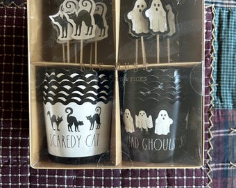 Retired Rae Dunn Halloween Party Cupcake Baking Cups Set & Decorations ~ Black Cats and Scary Ghost Picks