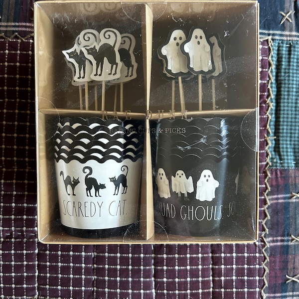 Retired Rae Dunn Halloween Party Cupcake Baking Cups Set & Decorations ~ Black Cats and Scary Ghost Picks