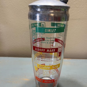 Vintage Mid Century Glass Cocktail Shaker With Chrome Pour Lid ~ Decorated With Drink Recipes And Graphic