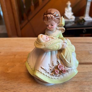 Rare Vintage Josef Originals Mother (Girl) Rocking a Baby in Her Arms Revolving Music Box ~ Working