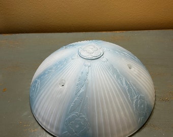 Antique Art Deco Reverse Painted Blue Frost Glass Ceiling Light Shade ~ Floral Emboss ~ Nice Condition