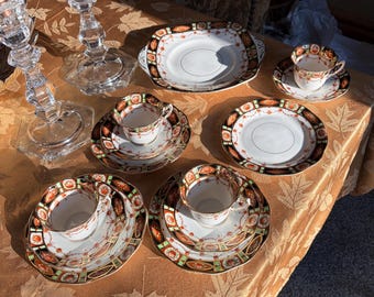 Vintage Roslyn China Imari 13 Piece Dessert / Cake Set ~  Pink, Green & Black Floral Design With Heavy Gold Trim